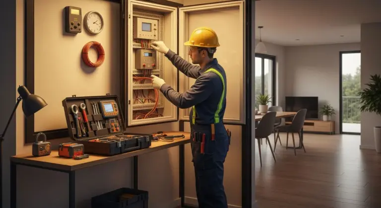 Electricista en Ñuñoa trabajando profesionalmente en panel eléctrico residencial