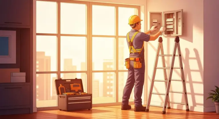 Electricista profesional trabajando en panel eléctrico residencial en Providencia