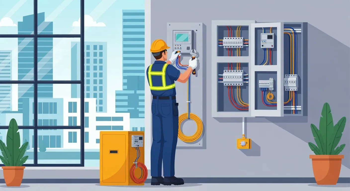 Electricista profesional trabajando en panel eléctrico residencial en Santiago