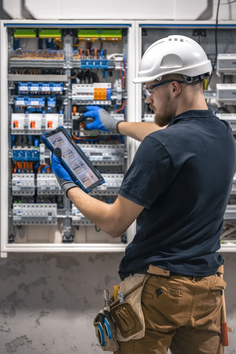 Técnico electricista certificado SEC trabajando en tablero eléctrico en Las Condes