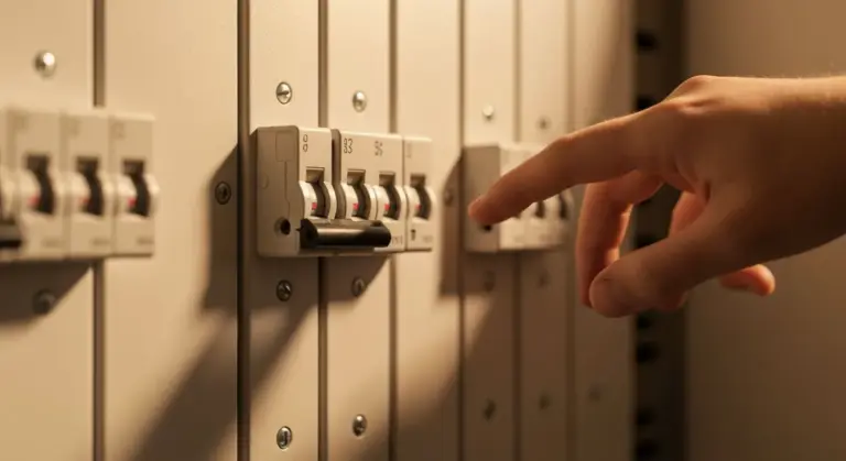 Interruptor termomagnético disparado en cuadro eléctrico residencial con señales de sobrecarga