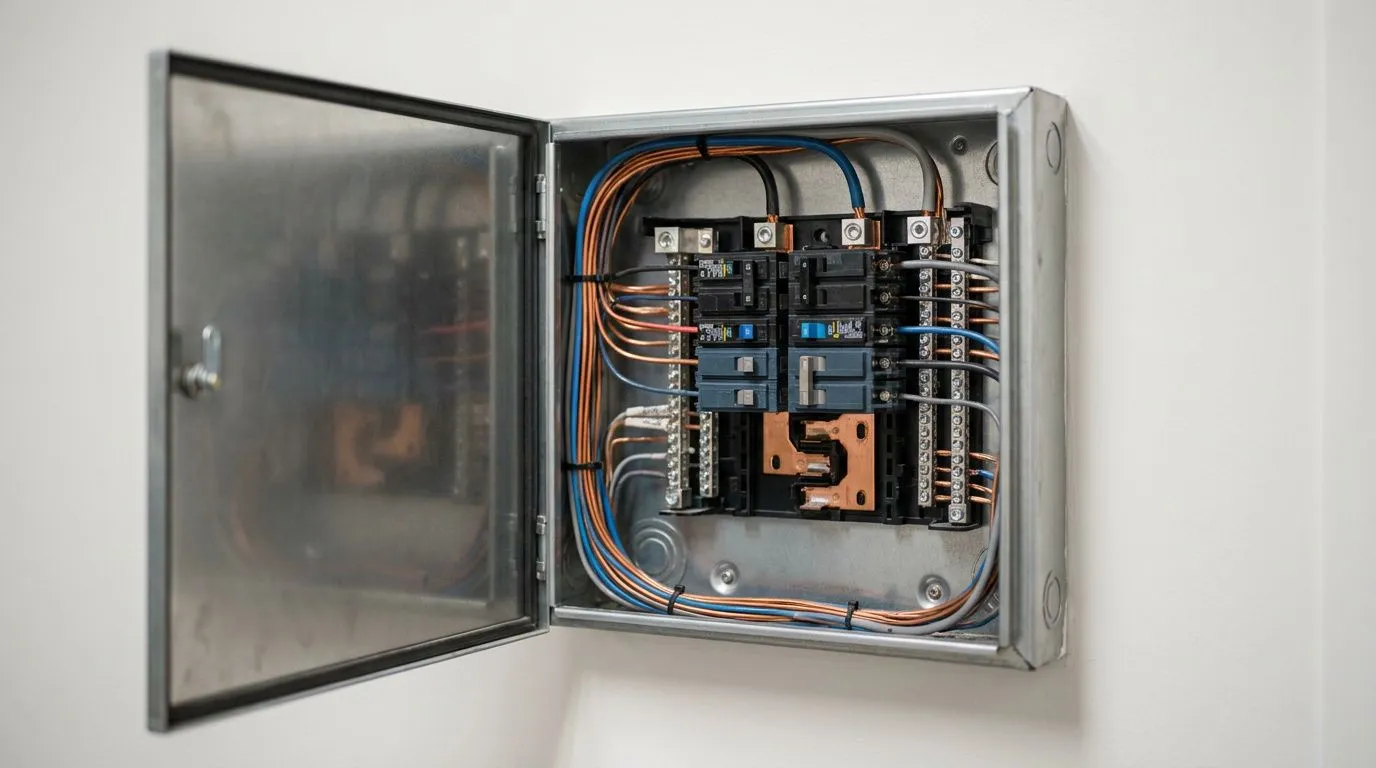 Instalación tablero eléctrico profesional con interruptores organizados y cableado ordenado