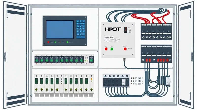 Tablero de control industrial con automatización y pantalla táctil