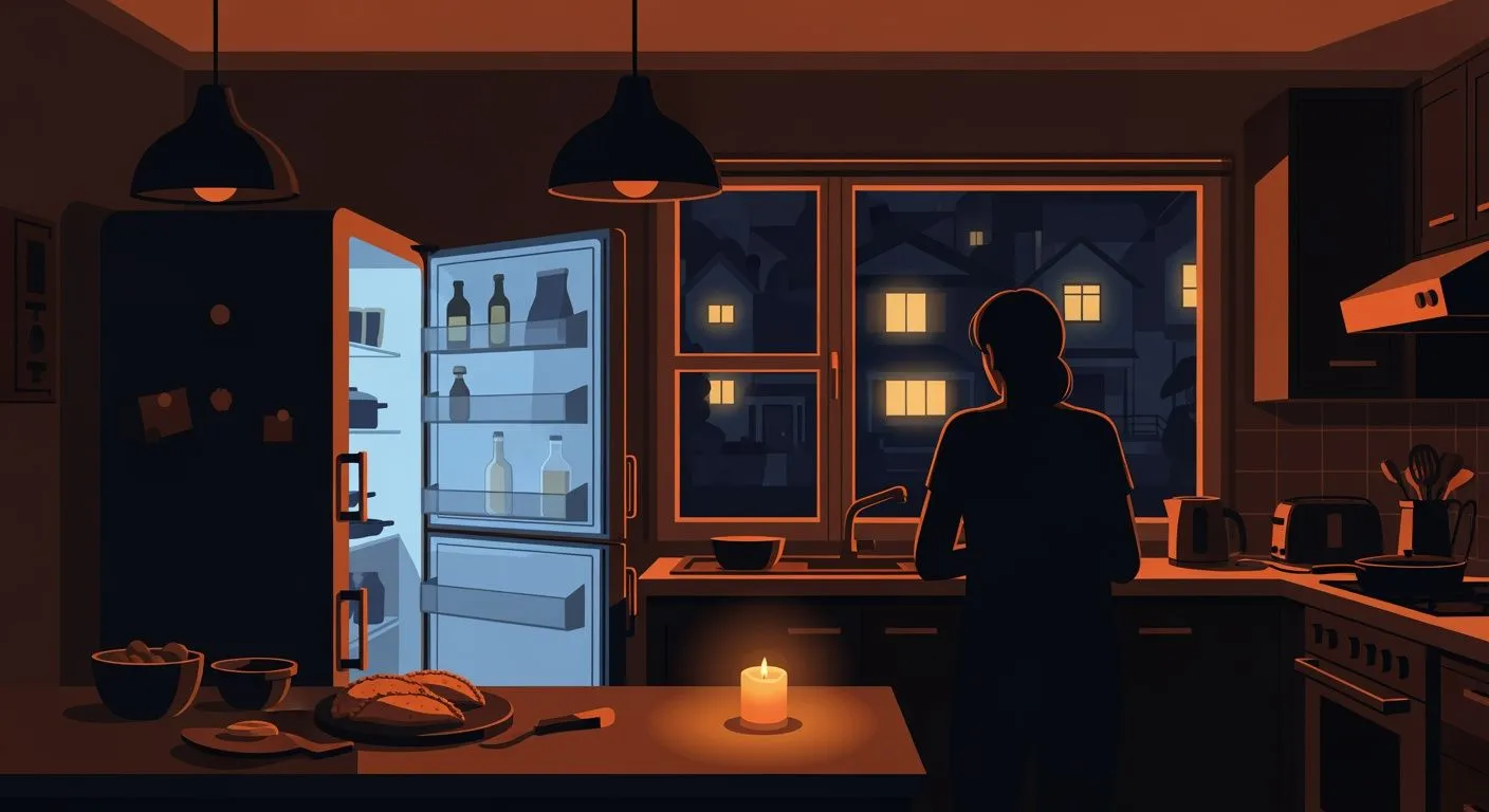 Cocina de hogar chileno en oscuridad durante un corte de luz en casa, con vecinos iluminados al fondo