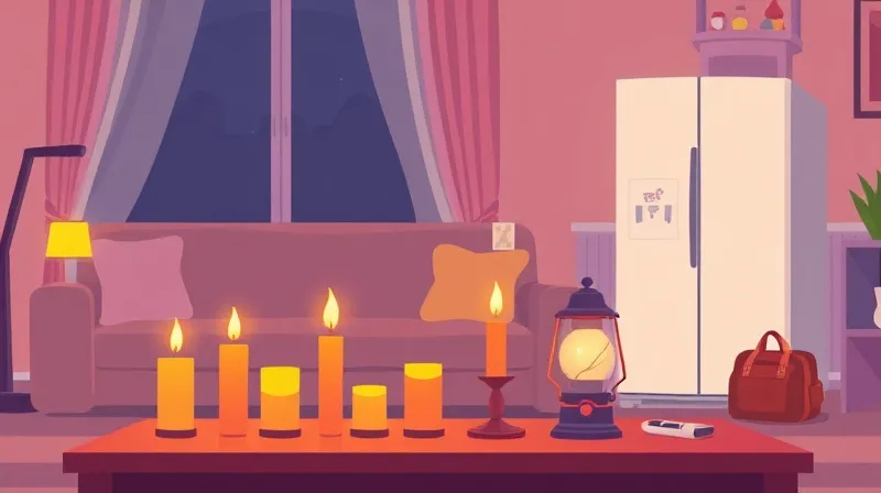 Sala de hogar durante un corte prolongado con velas, linterna y refrigerador cerrado como medidas de seguridad