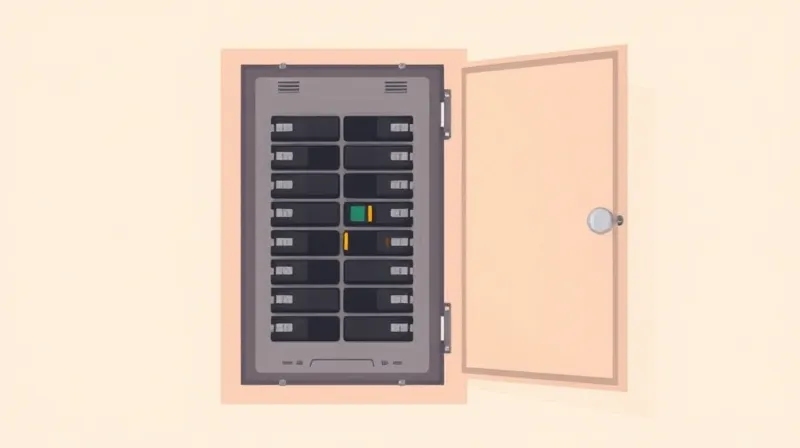 Tablero eléctrico doméstico con un interruptor disparado resaltado, revisado con linterna durante un corte interno