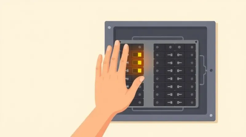 Mano acercándose al cuadro eléctrico doméstico para bajar el interruptor magnetotérmico tras un cortocircuito en casa