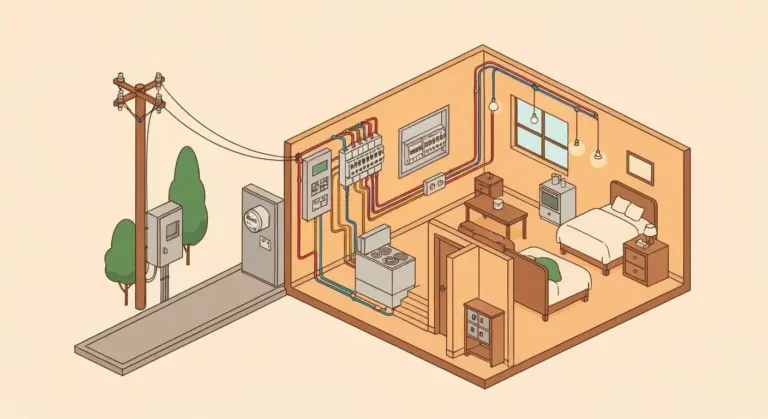 Sistema completo de instalación eléctrica casa mostrando distribución desde medidor hasta habitaciones
