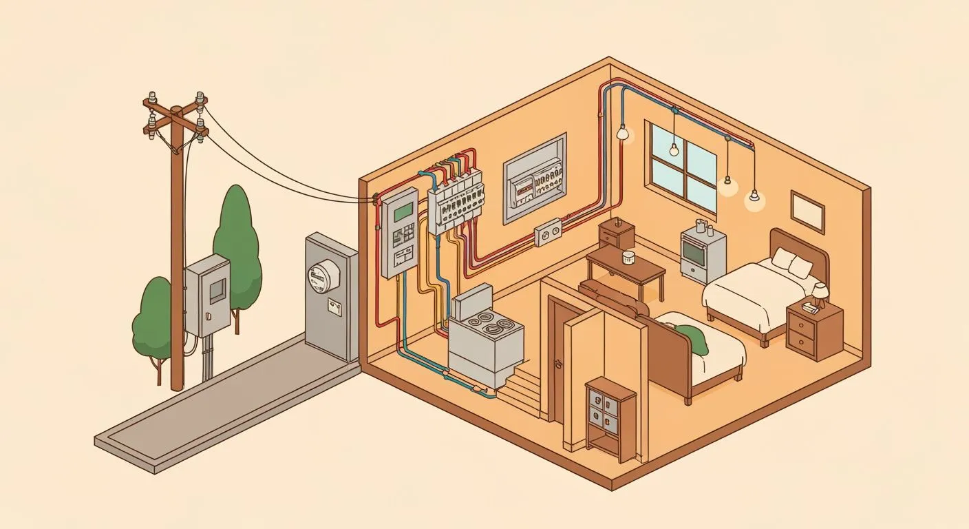 Sistema completo de instalación eléctrica casa mostrando distribución desde medidor hasta habitaciones