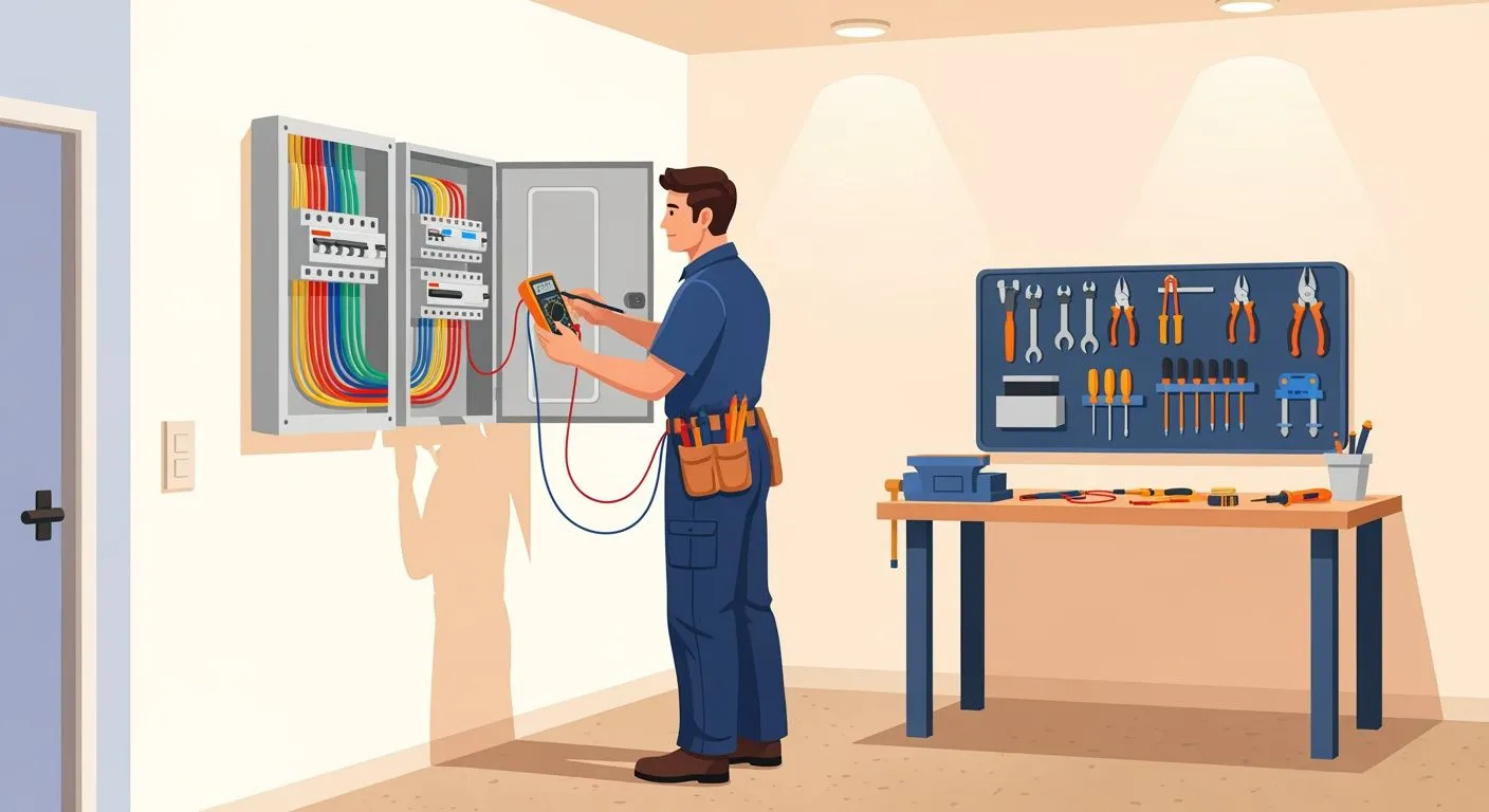 Electricista revisando tablero eléctrico residencial para mejorar instalación eléctrica del hogar