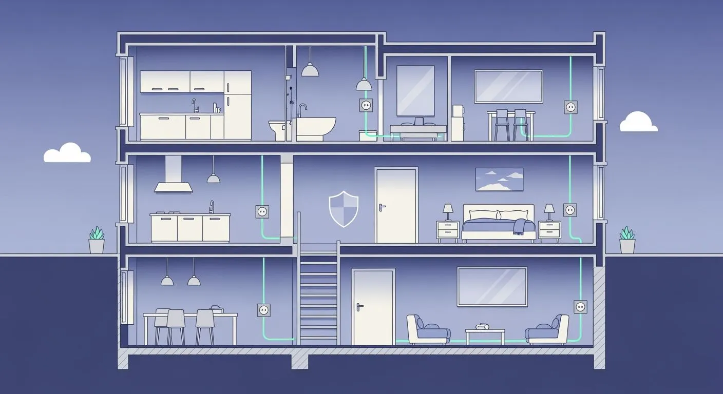Ilustración de hogar con sistema eléctrico protegido para prevenir cortocircuitos en cada zona