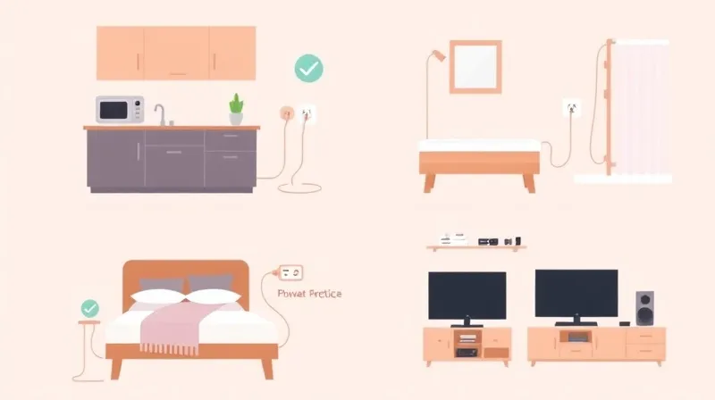 Ilustración de cuatro zonas del hogar — cocina, baño, dormitorio y salón — con prácticas eléctricas seguras para prevenir cor