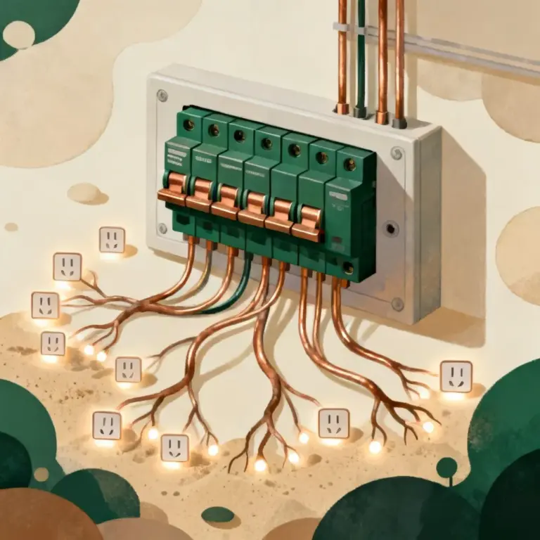 Panel eléctrico residencial con circuitos ramificados hacia enchufes, representando cuántos enchufes por circuito permite la