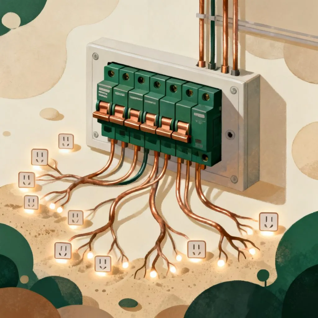 Panel eléctrico residencial con circuitos ramificados hacia enchufes, representando cuántos enchufes por circuito permite la 