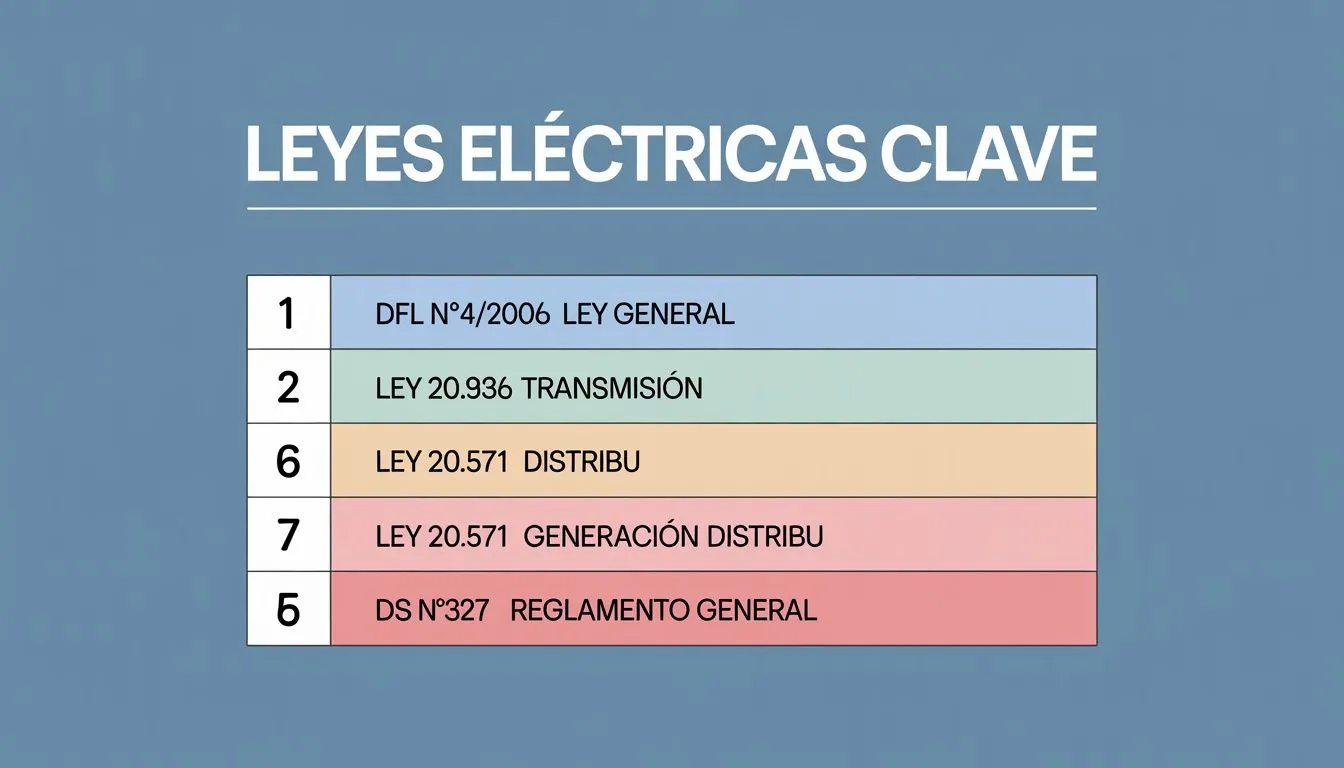 Leyes fundamentales del marco legal eléctrico chileno: DFL N°4, Ley 20.936, Ley 20.571 y DS N°327