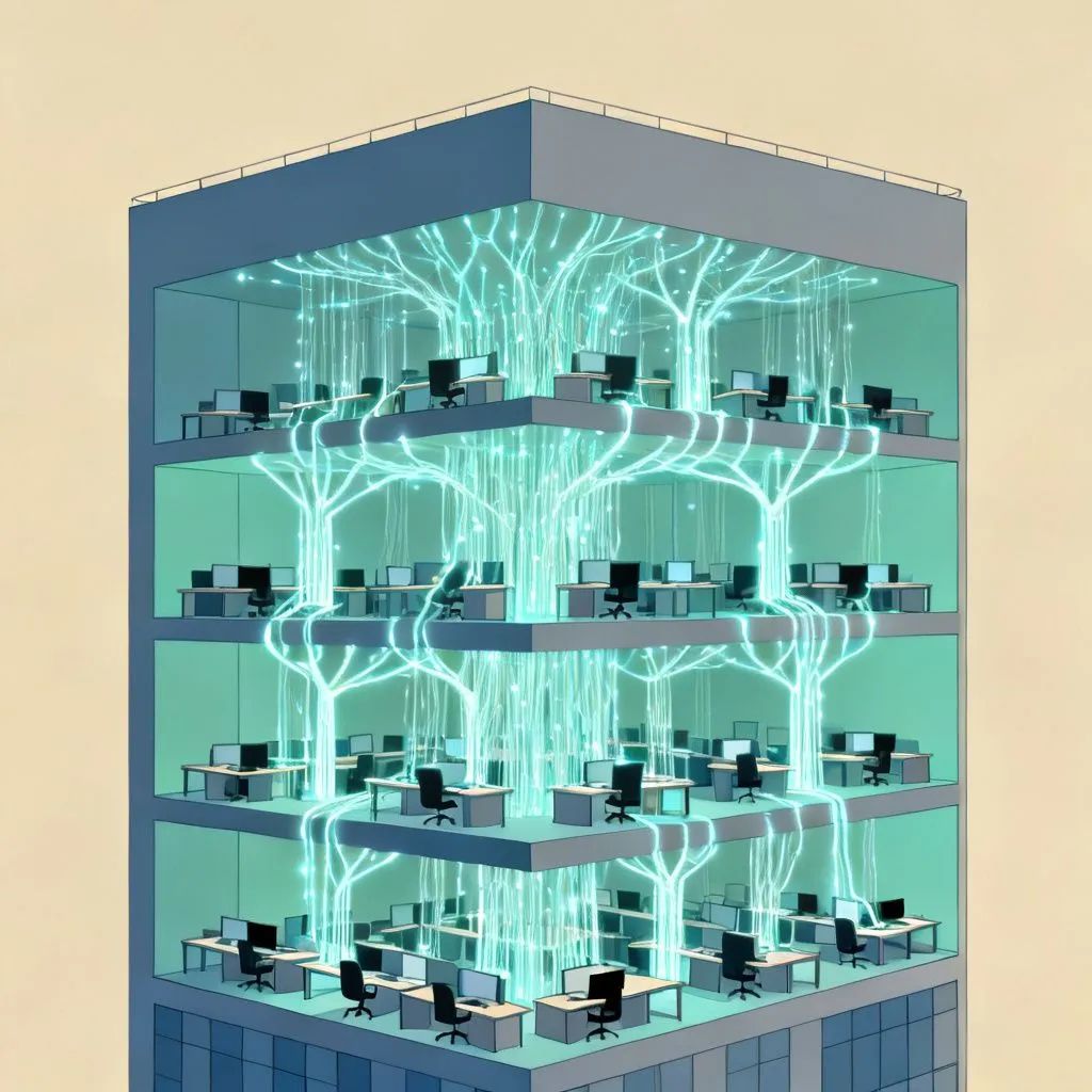 Sistema de cableado estructurado como red luminosa que conecta todos los pisos y estaciones de trabajo de un edificio moderno