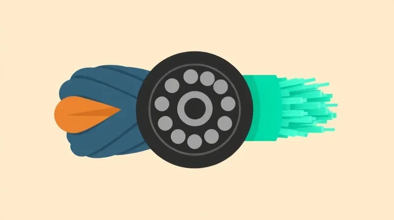 Comparación visual de tres tipos de cable: par trenzado de cobre, coaxial y fibra óptica en corte transversal