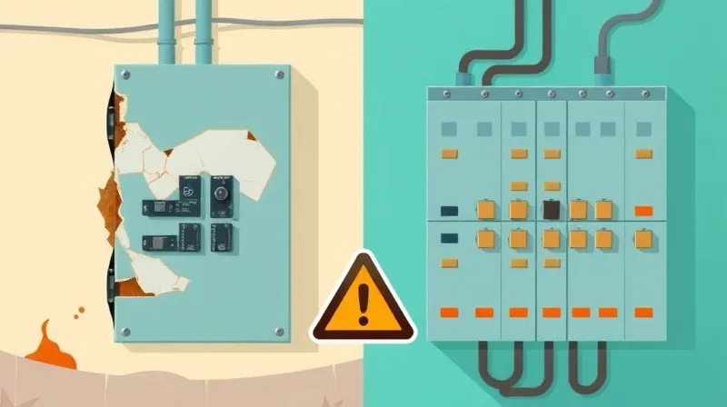 Tablero eléctrico antiguo con fusibles deteriorados junto a panel moderno con disyuntores, indicando necesidad de reemplazo