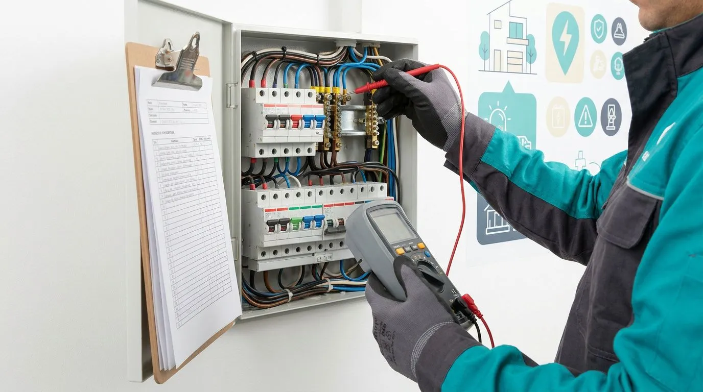 Electricista certificado midiendo voltaje con multímetro en tablero eléctrico residencial durante revisión profesional